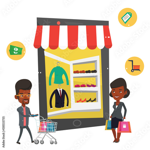 African man and woman using mobile shopping.