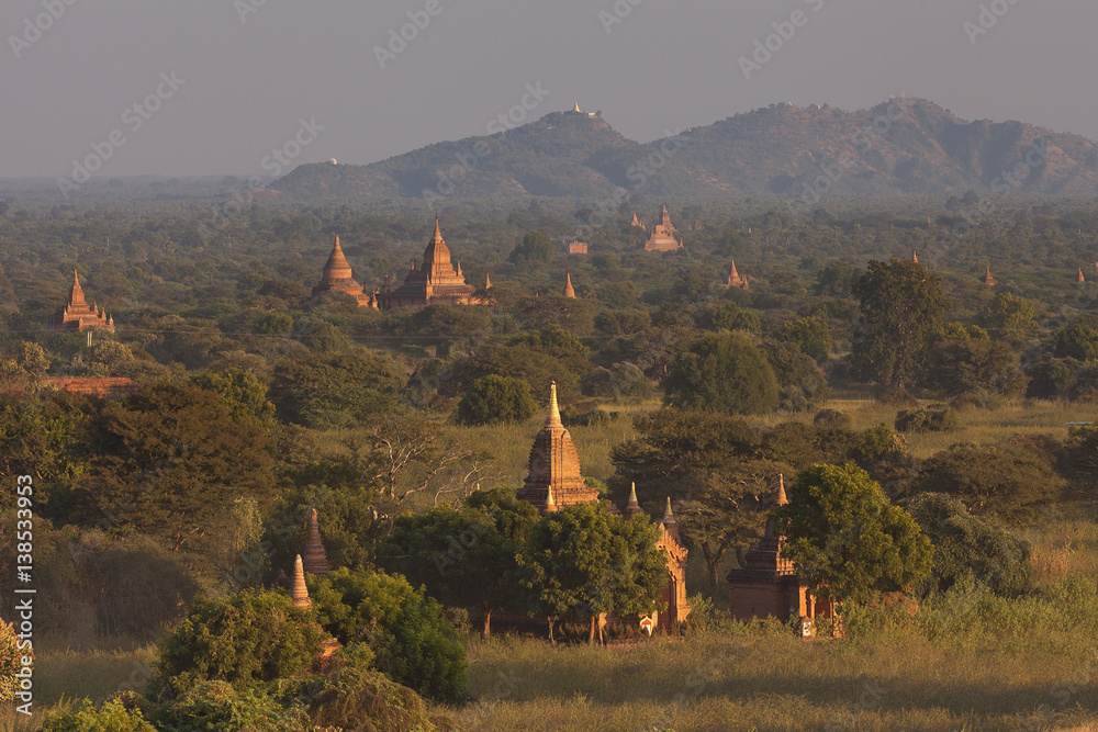 Temples illuminated at sunset in Bagan, Myanmar 