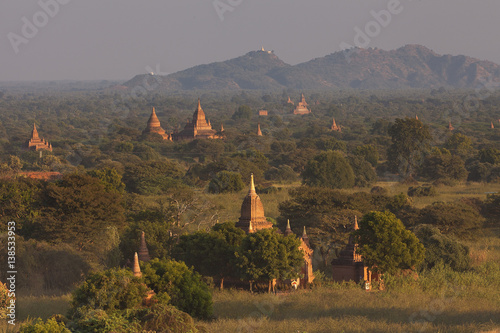 Temples illuminated at sunset in Bagan  Myanmar 