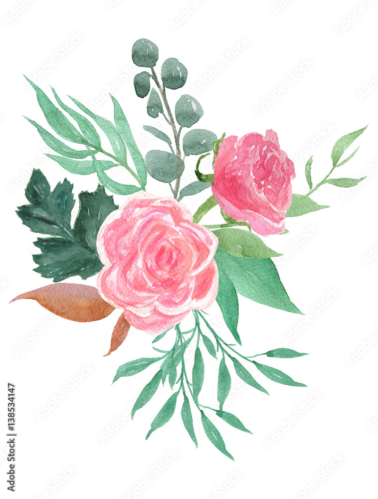 Colorful floral collection with leaves and england rose flowers ...