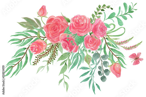 Colorful floral collection with leaves and england rose flowers, drawing watercolor. Design for invitation, wedding or greeting cards