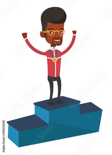 Sportsman celebrating on the winners podium.