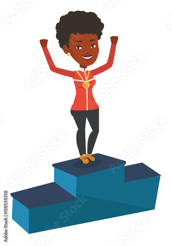 Sportswoman celebrating on the winners podium.