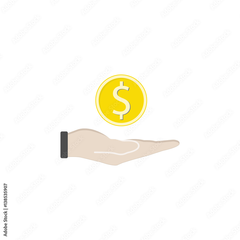 Coin in hand flat icon, finance and business, coin dollar vector graphics, a colorful solid pattern on a white background, eps 10. Coin in hand flat icon, finance and business, coin dollar vector graphics, a colorful solid pattern on a white background, eps 10.