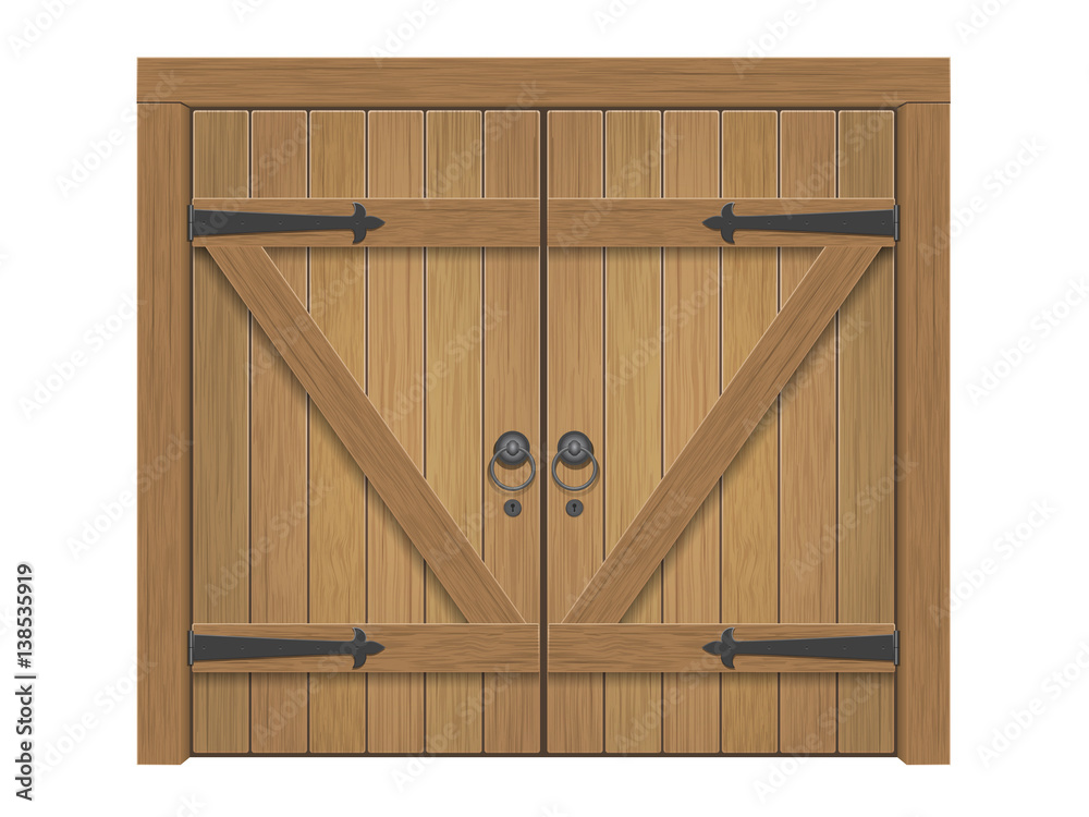 Fototapeta premium Old wooden massive closed gate. Double door with iron handles and hinges.