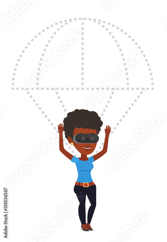 Happy woman in vr headset flying with parachute.