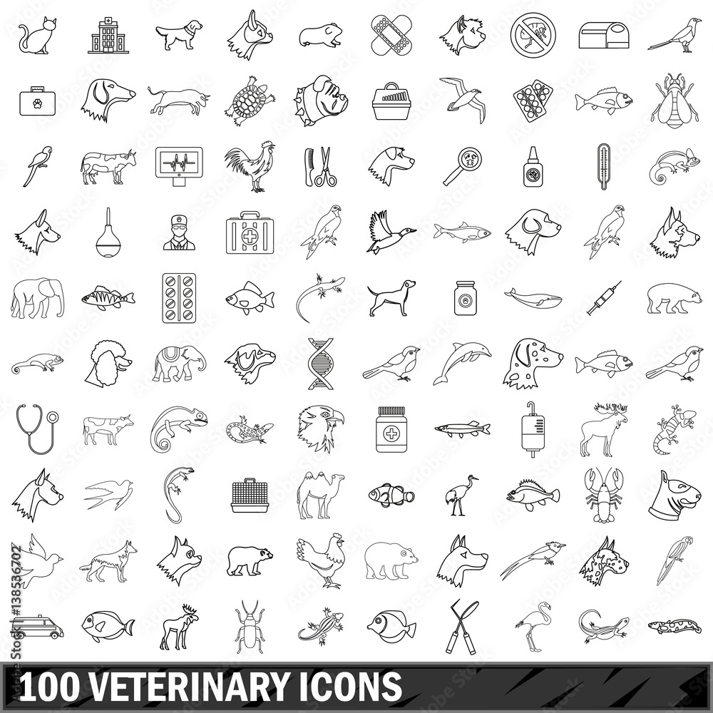 100 veterinary icons set, outline style