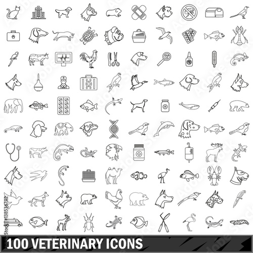 100 veterinary icons set, outline style