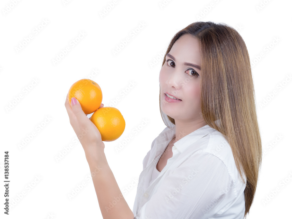 Asian Woman in white shirt smiling And holding orange, isolated on white background. Healthy Food concept. Asian Woman in white shirt smiling And holding orange, isolated on white background. Healthy Food concept.