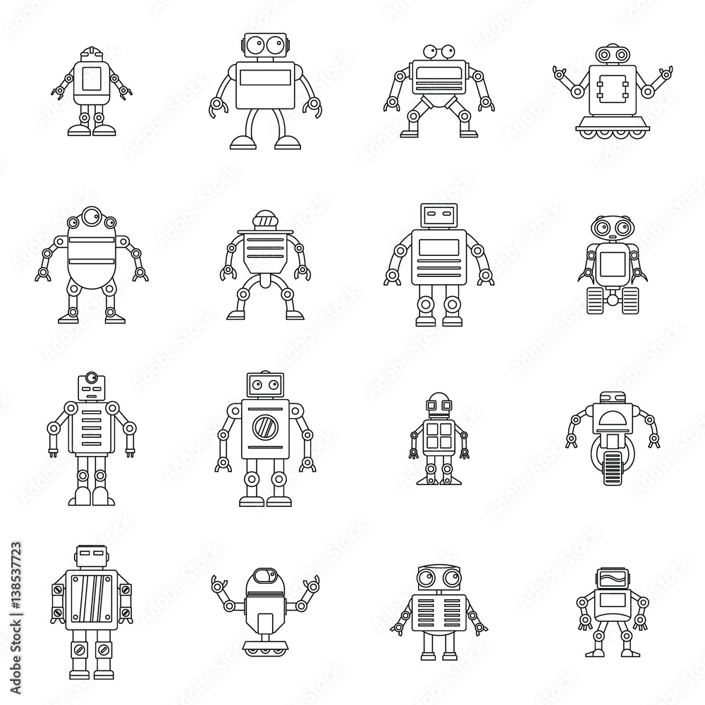Robot icons set, outline style