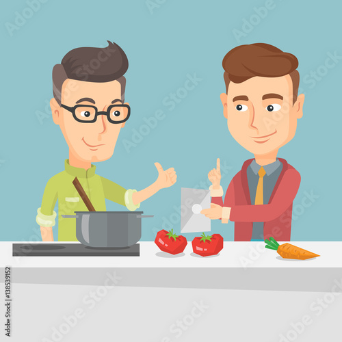 Men cooking healthy vegetable meal.