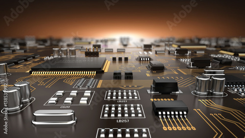 Photos High tech electronic PCB (Printed circuit board) with processor and microchips