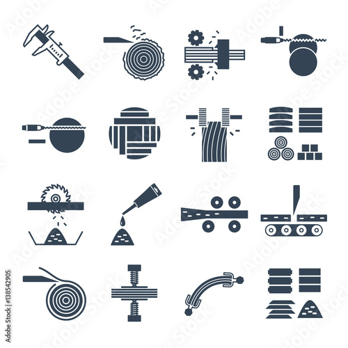 set of black icons manufacture of wood production process