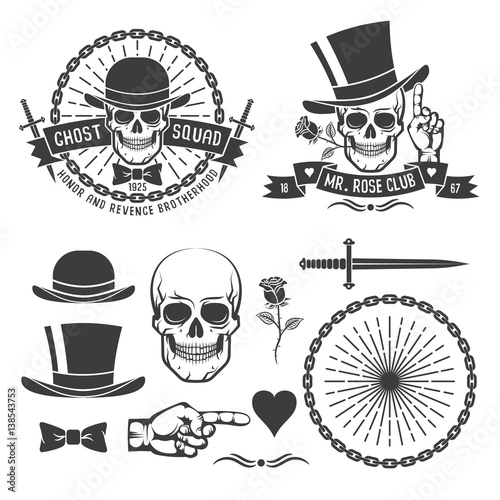 Hipster retro gangster emblem with a skull in an old hat with daggers, rose, chains and ribbons. As well as some vintage design elements. Vector illustration.