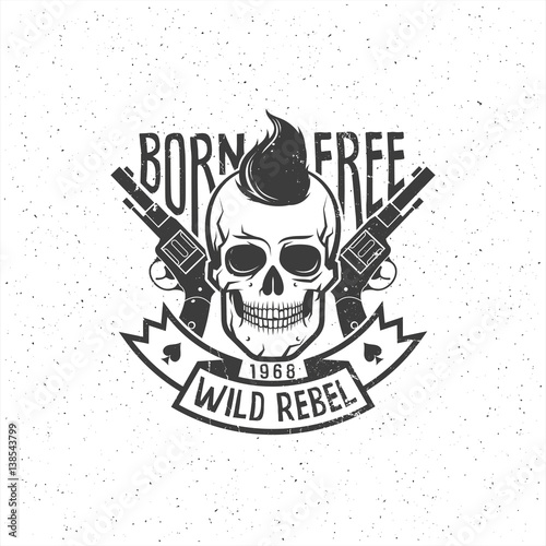 Rebel skull with pistols and hipster haircut - retro logo tattoo. Grunge texture on separate layers and can be easily disabled.