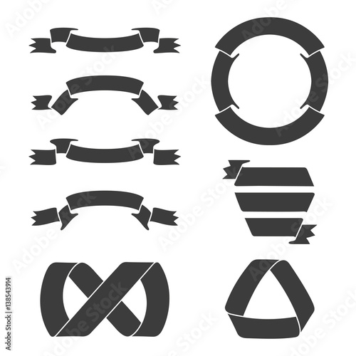 Black ribbon banners, including circular, for logos and emblems in stamp design. Vector illustration.