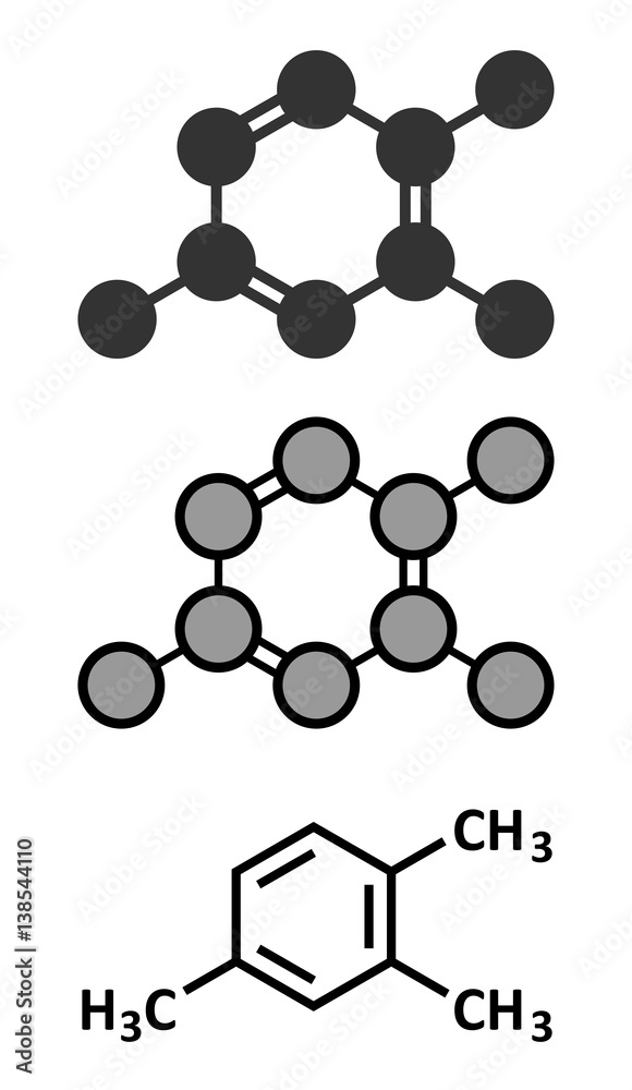 Pseudocumene (1,2,4-trimethylbenzene) aromatic hydrocarbon molecule. Occurs in naturally in coal tar and petroleum Pseudocumene (1,2,4-trimethylbenzene) aromatic hydrocarbon molecule. Occurs in naturally in coal tar and petroleum