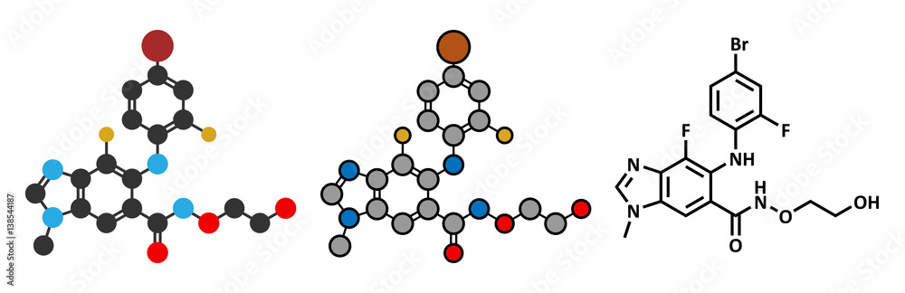 Binimetinib cancer drug molecule (MEK inhibitor). Binimetinib cancer drug molecule (MEK inhibitor).