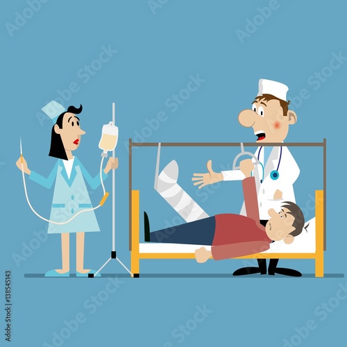 doctor and nurse at the bedside. preparing to install the dropper. vector illustration. Character