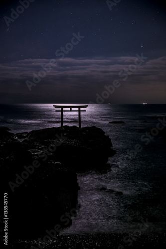 Shrine gate night scene at sea Oarai city, Ibaraki photo