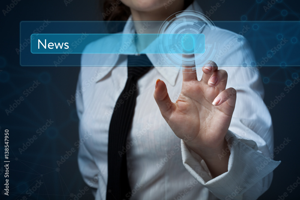Business, technology, internet and networking concept. Business woman presses a button on the virtual screen: News Business, technology, internet and networking concept. Business woman presses a button on the virtual screen: News