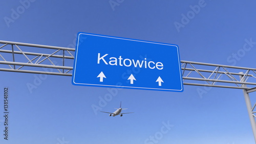 Commercial airplane arriving to Katowice airport. Travelling to Poland conceptual 3D rendering