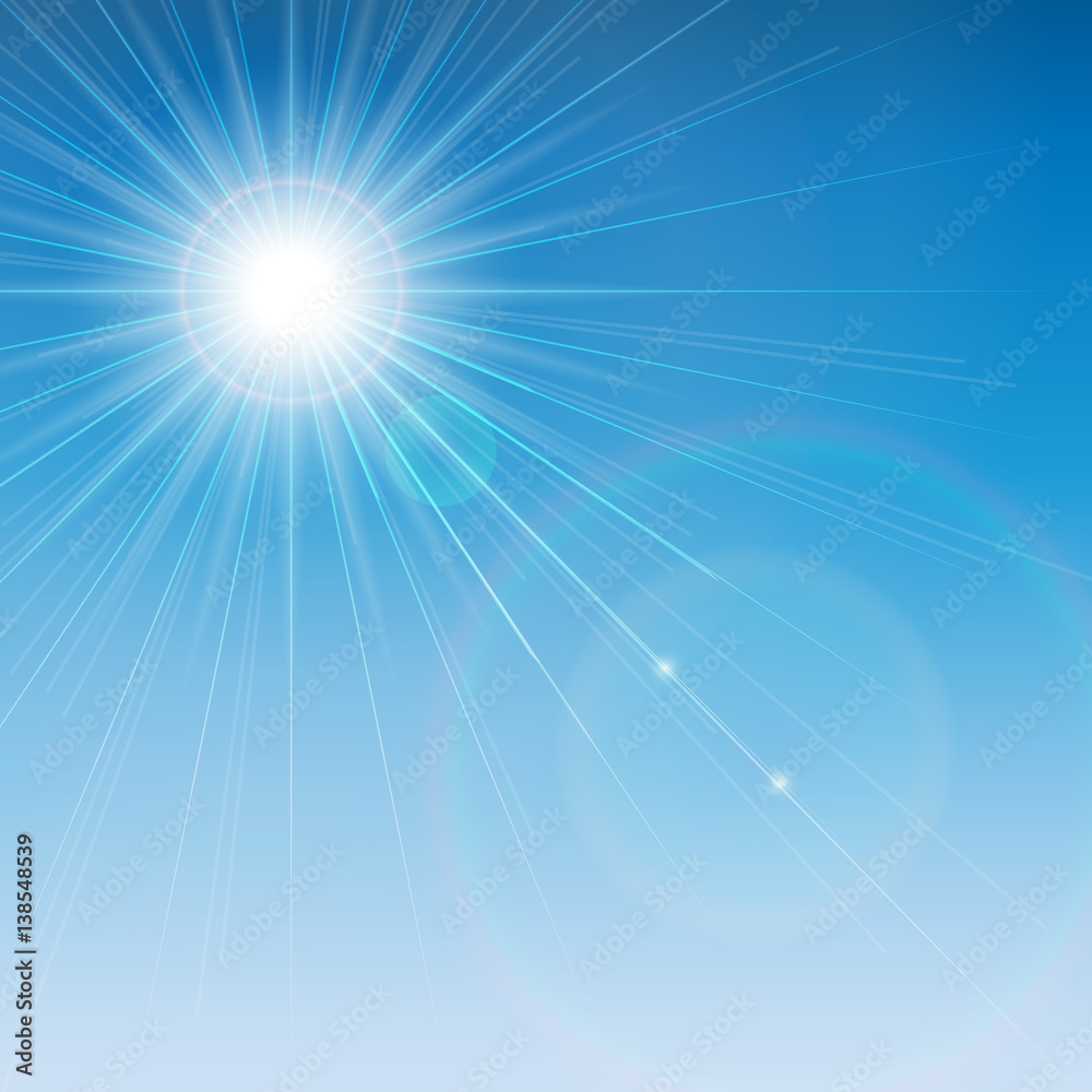 Sun is shining brightly with a flare on a blue sky background. Sun is shining brightly with a flare on a blue sky background.