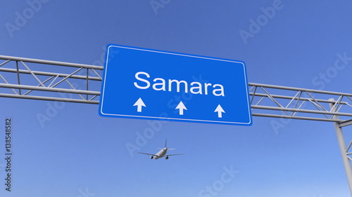 Commercial airplane arriving to Samara airport. Travelling to Russia conceptual 3D rendering photo