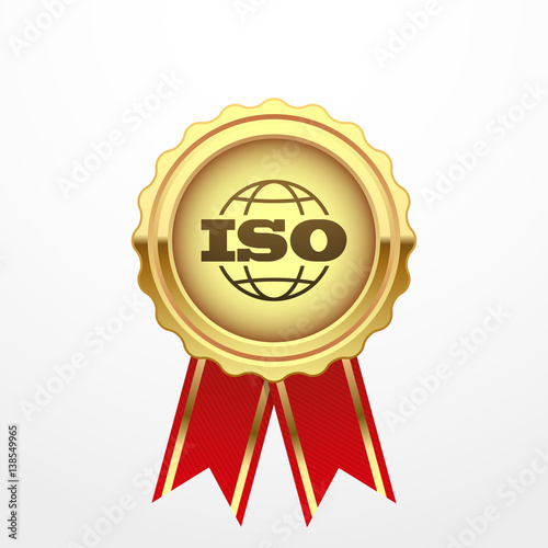 ISO certificate golden label, vector illustration, isolated on white