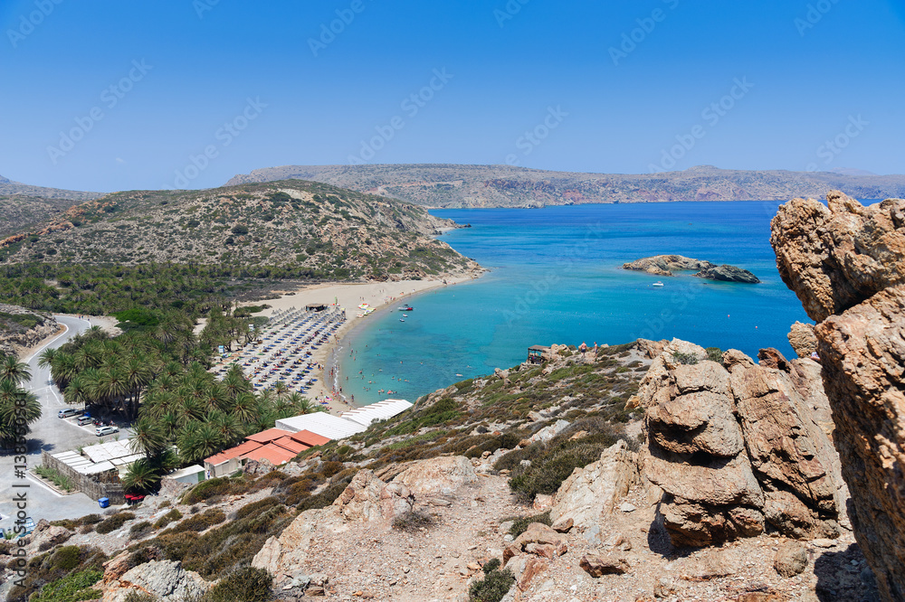 Sandy Vai beach and lagoon with clear blue water at Crete island near Sitia town, Greece.