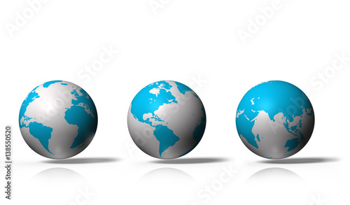 Set of 3D globe showing earth with all continents, isolated on white background