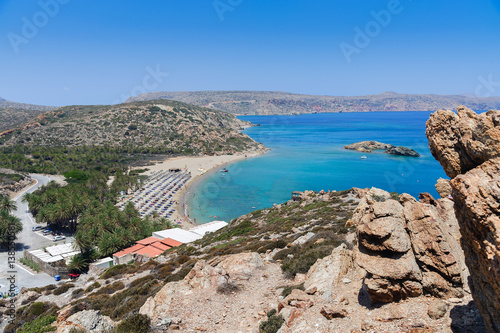 Sandy Vai beach and lagoon with clear blue water at Crete island near Sitia town, Greece.