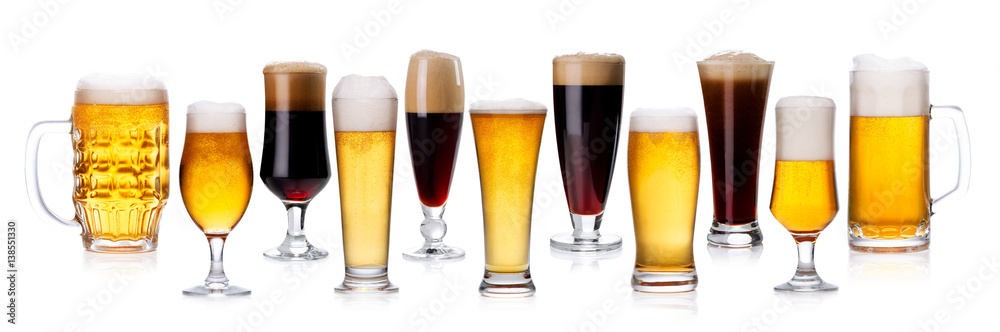 set of frosty glass of light beer with foam on white 