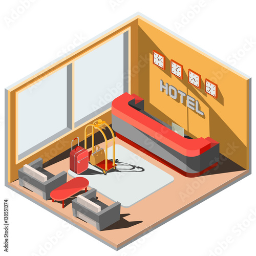 Vector 3D isometric illustration interior of hotel lobby with reception.