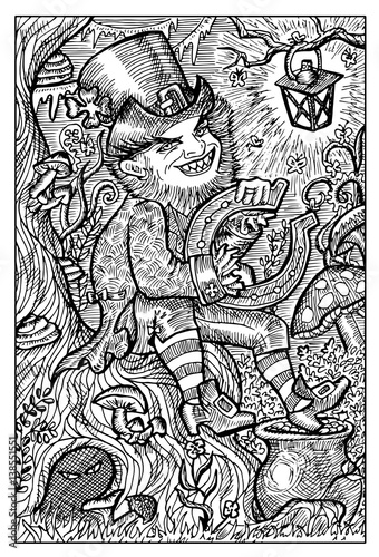 Leprechaun and pot with gold. Engraved fantasy illustration. See all collection in my portfolio