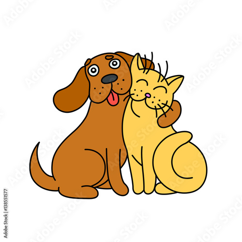 cute dog hugs cat. vector illustration.