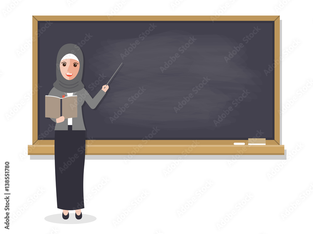 Muslim teacher teaching student in classroom Muslim teacher teaching student in classroom