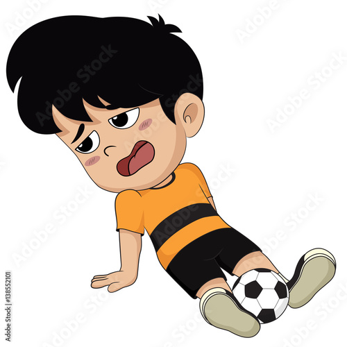 kid very tired after playing soccer with his friend.