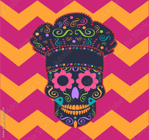 Kitchen chef skull vector with zig-zag background