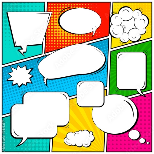 Abstract creative concept vector comic pop art style blank, layout template with clouds beams and isolated dots background. For sale banner, empty speech bubble set, illustration halftone book design.