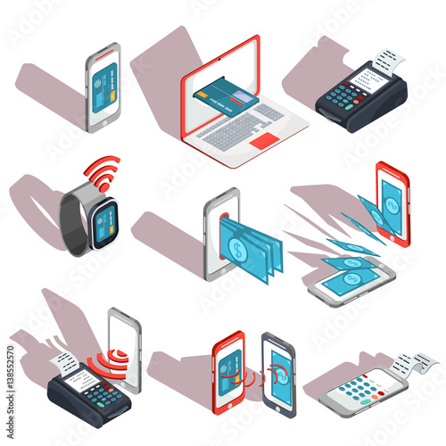 Isometric icons of mobile phones, laptop, wristwatches showing the ease and convenience of online payments