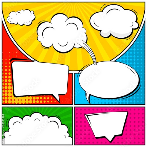 Abstract creative concept vector comic pop art style blank, layout template with clouds beams and isolated dots background. For sale banner, empty speech bubble set, illustration halftone book design.