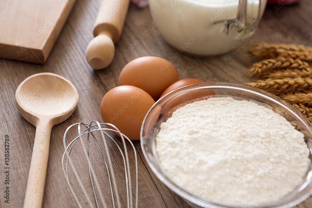 Flour and eggs preparing baking ingredients. Flour and eggs preparing baking ingredients.