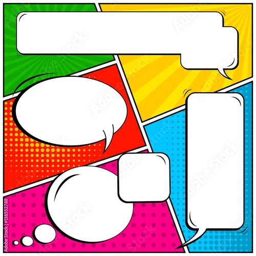 Abstract creative concept vector comic pop art style blank, layout template with clouds beams and isolated dots background. For sale banner, empty speech bubble set, illustration halftone book design.