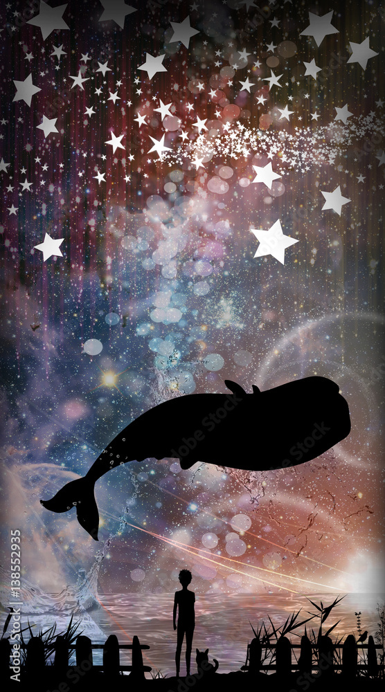 Fototapeta premium Whale jumping out of water cartoon character in the real world silhouette art photo manipulation