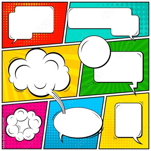 Abstract creative concept vector comic pop art style blank, layout template with clouds beams and isolated dots background. For sale banner, empty speech bubble set, illustration halftone book design.