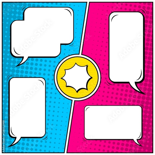 Abstract creative concept vector comic pop art style blank, layout template with clouds beams and isolated dots background. For sale banner, empty speech bubble set, illustration halftone book design.