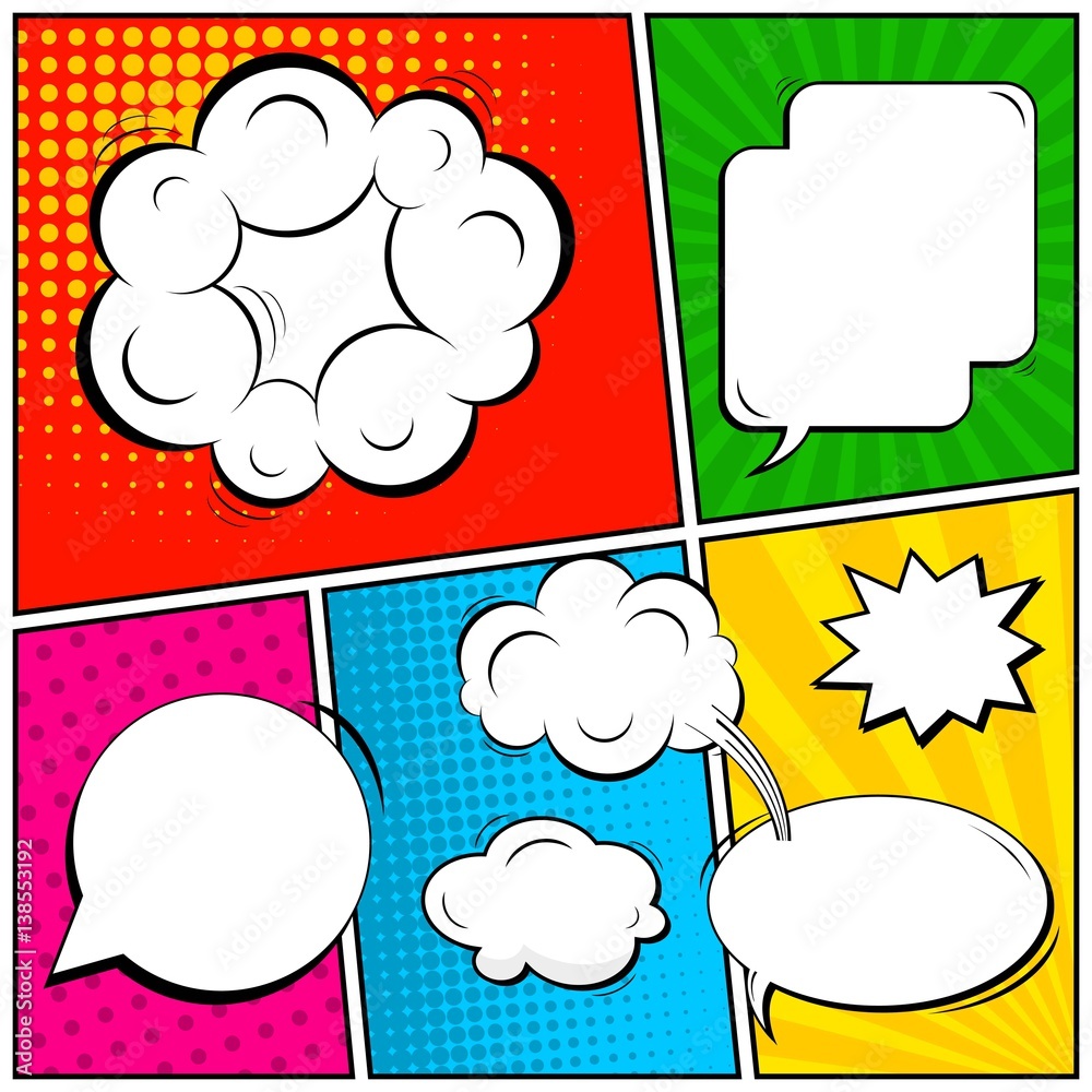 Plakat Abstract creative concept vector comic pop art style blank, layout template with clouds beams and isolated dots background. For sale banner, empty speech bubble set, illustration halftone book design.