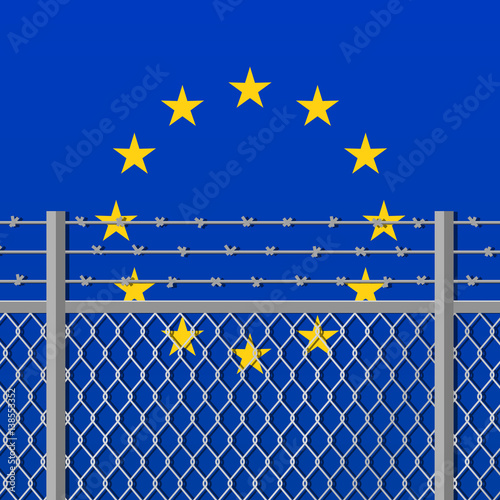 Metal fence with barbed wire on a European Union flag. Separation concept, borders protection. Template for march against anti-immigration policies. Social issues on refugees or illegal immigrants.