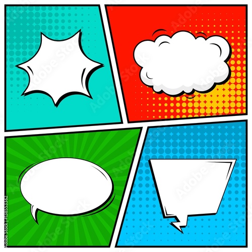 Abstract creative concept vector comic pop art style blank, layout template with clouds beams and isolated dots background. For sale banner, empty speech bubble set, illustration halftone book design.